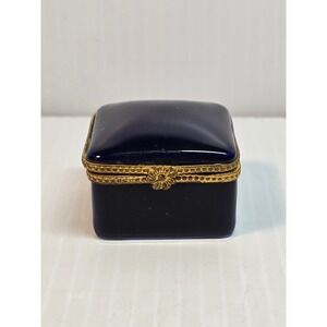Limoges France Tiffany Cobalt Blue Porcelain Hinged Trinket Box Jewelry Storage